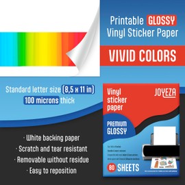 JOYEZA Premium Printable Vinyl Sticker Paper for Inkjet Printer - 80 Sheets Glossy White Waterproof, Dries Quickly Vivid Colors, Holds Ink well - Inkjet & Laser Printer
