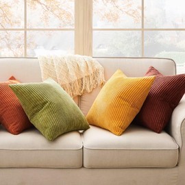 Topfinel Autumn Cushion Cover, 50 x 50 cm, Set of 4, Corduroy, Yellow, Green, Orange, Cushion Covers, Sofa Cushion, Decorative Cushion for Sofa, Bed, Living Room, Children, Fluffy