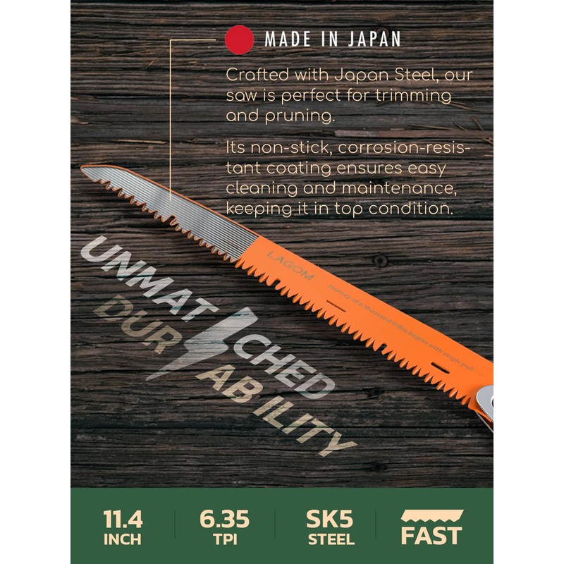 LAGOM Folding Camp Saw for Cutting Branches, 11.4" Straight Blade