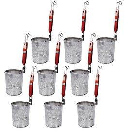 TANEMUDO 9 Pcs Stainless Steel Pasta Cooker Basket with Wood Handle 5.2 Inch Red Brown Pasta Blanching Basket Mesh Spider Skimmer Strainer for Kitchen Dumpling Noodle