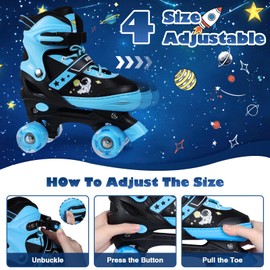 Hualonger 4 Size Adjustable Kids Roller Skates for Girls Boys, Beginner Toddler Skates with Light Up Wheels, Indoor Outdoor Sports for Ages 3-5 5-8 8-12
