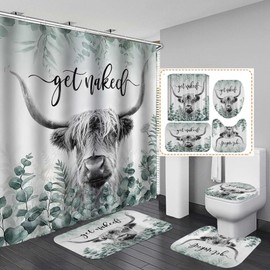 SKAILIÉ 4PCS Highland Cow Shower Curtain Set with Rugs, Green Eucalyptus Leaves Plant Botanical Get Naked Grey Cattle Bull Longhorn Animal Wildlife Western Rustic Bathroom Decor, Fabric Shower Curtain