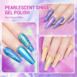 CHARMACY Pearl Gel Nail Polish Set, 6 Colors Shimmer Blue Pink Yellow Shell Thread Nail Polish Gel, Aurora Thread Shell Gel, Mermaid Nails Swirl Shell Thread Effect Glitter Soak Off UV LED