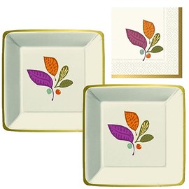 Modern Leaves Party Supplies | Fall Themed Tableware Bundle Includes Paper Dessert Plates & Beverage Napkins for 16 People