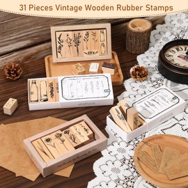 Marspark 31 Pieces Vintage Wooden Rubber Stamps Flower and Plant Decorative Rubber Stamp Set Cute Wood Mounted Stamps Set for DIY Craft, Scrapbook, Journaling and Letters Diary