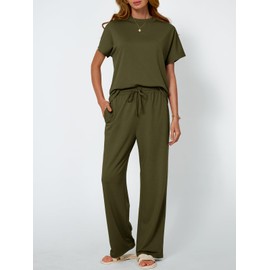 AUTOMET Womens 2 Two Piece Lounge Set 2025 Summer Outfits Clothes Vacation Beach Spring Fashion Short Sleeve Pants Matching Loungewear Travel Airport Resort Wear Sweatsuit Sweat Suit