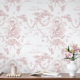 CiCiwind Peel and Stick Wallpaper Pink and White Wallpaper Vintage Toile Wall Paper for Bathroom Bedroom Living Room French Self Adhesive Removable Contact Paper for Cabinets 17.3"×78.7" Vinyl Rolls