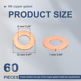 MECCANIXITY 60Pcs M6 Flat Copper Washers, 6x12x1mm Copper Upgraded Flat Gasket Metric Sealing Crush Ring Washers for Hydraulic Fittings Screw Bolt Nut Electronic Repair