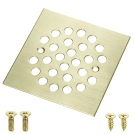 4-1/4“ Square Shower Strainer Drain Trim Set, Screw-in Shower Floor Drainer Grate, Replacement Shower Cover Bathroom Drain Strainers (Brushed Gold)