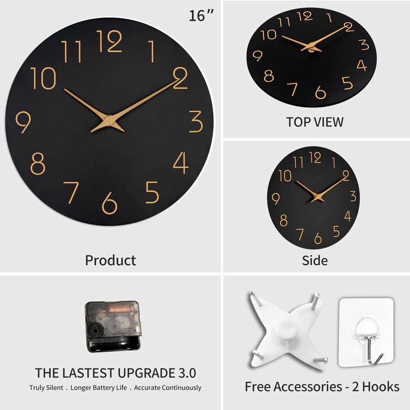 Mosewa Large Wall Clock 16 Inch Black Battery Operated Silent