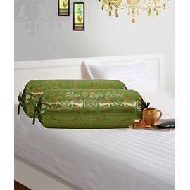 Stylo Culture Ethnic Decorative Settee Bolster Pillow Covers Olive Green Gold Elephant Jacquard Silk Round Meditation Pillow Floral Cylindrical Brocade Cushion Covers - (76x38 cm) | Set of 2 Pcs