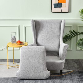 Stretch Wingback Chair Covers, 2 Piece Armchair Slipcover Knitted Jacquard Wingback Sofa Chair Slipcover Furniture Protector for Living Room Bedroom (Leaf-Light Grey)