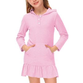 BesserBay Girls Summer Long Sleeve Terry Button Down Coverups Solid Ruffle Trim Pink Quickly Dry Hooded Beach Cover Up 7-8 Years with Pockets