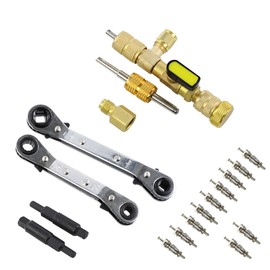 Wisepick Valve Core Remover Installer Tool, Ratchet Service Wrench Tool Set Dual Size SAE 1/4 & 5/16 Port,3/8'' to 1/4'', 5/16'' x 1/4'' Square with 2 Hex Tool, and 10 pcs Valve Cores