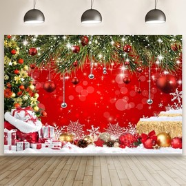 Pnylzzyxh Christmas Red Backdrop for Photography Xmas Ball Gifts Bell Green Pine Tree Hay Backdrops Rustic Snow New Year Decor Background Kids Portrait Family Party Baby Shower Decorations 15x8ft