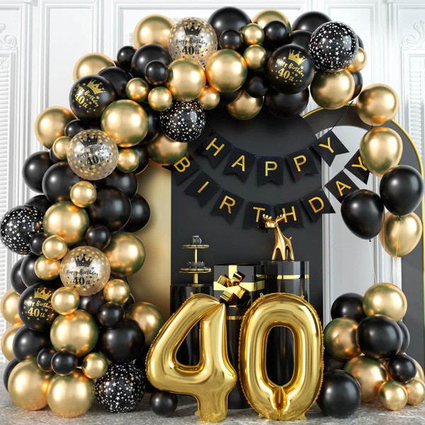40th Black Gold Birthday Decorations for Men Black and Gold Balloons Arch Kit with Number Foil Confetti Balloons Happy Birthday Bunting Banner Wedding Anniversary Party Decor for 40 Years Old Women