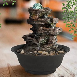 Ferrisland 4-Tier Tabletop Water Fountain with Cascading Rock Waterfall and LED Lights for Office Home DÃ©cor