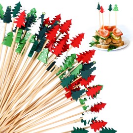 OOTSR 100 Christmas Cocktail Sticks, 5in Christmas Tree Bamboo Food Picks for Drink Fruit Appetizers Cupcake Sandwich Decorations, Colorful Wooden Skewers for Christmas Party Accessories