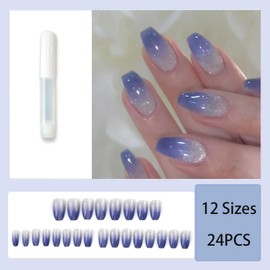 24pcs Blue Gradient Cat Eye Short French False Nails - Full Cover Press On Nails Glitter Stick On Removable Fake Nails for Women - Nail Art Accessories