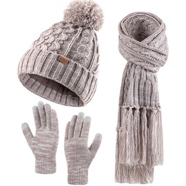 Women Winter Knit Warm Hat Beanie Scarf Gloves Set Pom Fleece Lined Hat with Long Knit Scarf, Neck Warmer Touchscreen Gloves