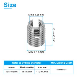 PATIKIL Self-Tapping Threaded Inserts, 10 Pcs M8 x M12 x 15mm 303 Stainless Steel Thread Adapter Reducer Slotted Screw Repair Inserts Nuts Sleeve