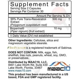 Trans- Resveratrol De 500 Mg 99 Puro  Bioperina (60 Caps.)                                                                                            