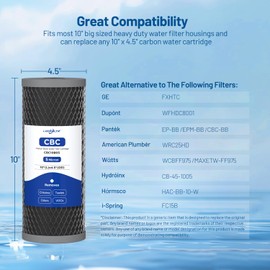 5 Micron 10" x 4.5" Whole House Carbon Block Sediment Water Filter Cartridge Replacement for WFHDC8001, CB-BB-10, FXHTC, FC15B, EP-BB, EPM-BB, CTO10BB, WCBFF975, CB-45-1005, CTO-F10B-5 (Pack of 2)