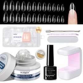 SUPWEE Solid Gel Nail Glue Set: 3d Nail Gel Glue for Press On Nails with 240PCS Almond Gels Nail Tips Mini UV Lamp Nail Extension Home DIY Manicure for Women Girls