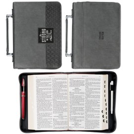 Christian Art Gifts Classic Vegan Leather Bible Cover for Men: Be Strong & Courageous - Inspirational Bible Verse, Sturdy Easy Carry Book Case w/Pen Loops, Gray, XL