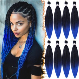 BARSDAR Pre Stretched Braiding Extensions, 66 cm, 8 Packs, Ombre Blue Braiding Hair, Pre Stretched Yaki Hot Water Setting or Box Braids, Synthetic Crochet Braids - T1B/Blue#