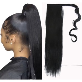 Ponytail Hair Extensions Synthetic Hair Straight Clip in Ponytail Extensions 24 Inch Long Wrap Around Ponytail Hair Extensions for Women 1# Black 100g
