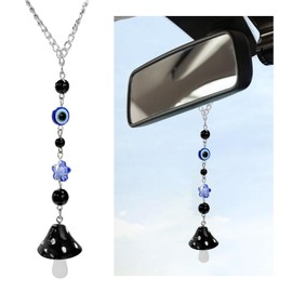 SHMZK Car Rearview Mirror Mushroom Charm, Car Hanging Ornament Resin Mushroom Pendant for Women Girls, Lucky Mushroom Beaded Decor Universal Rear View Mirror Charm for Vehicle Home Office (Black)