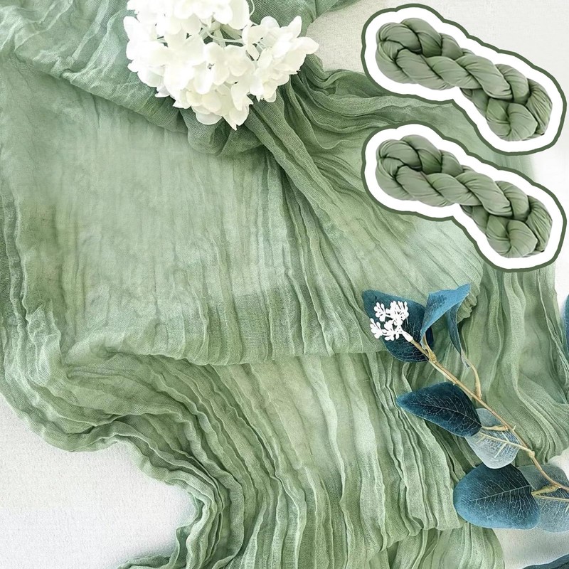 COWANIEE 2 Pcs Green Table Runner, Cheesecloth Table Runner Decorations