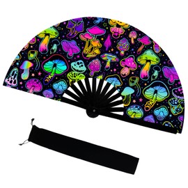 Folding Hand Fan Line Dance Popping Fan with Fan Bag，Folding Hand Fan Bamboo Ribs Hand Held Chinese for Music Festival,Club, Party, Dance，Disco, Neon, Glow Party Decorations(Multicolour, Mushrooms)