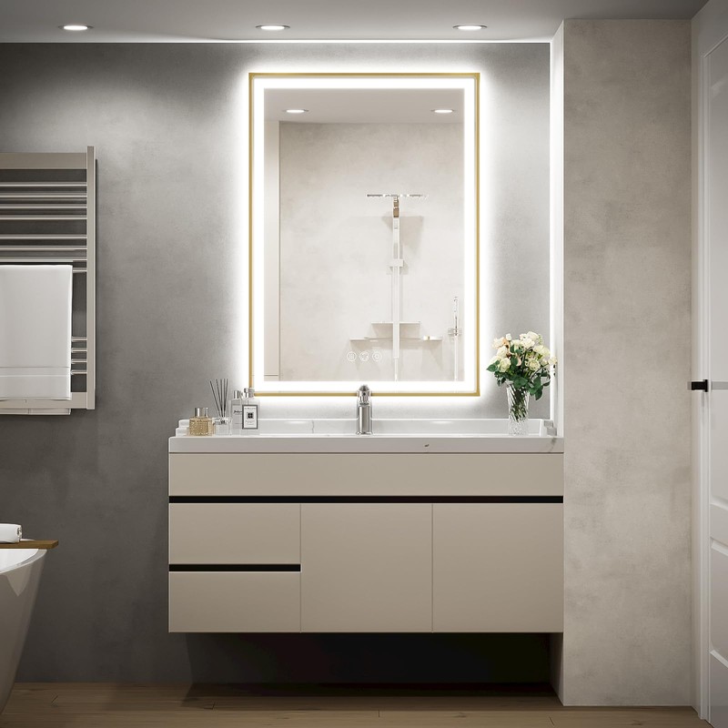 FTOTI LED Bathroom Mirror, 20x28 Inch Frontlit & Backlit Gold