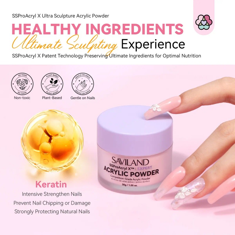 Saviland Polvo Acrílico Rosa 30g, Uñas Acrílicas, Keratina