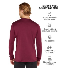 SIORO Men's Merino Wool Long Sleeve Base Layer - Perfect for Thermal Underwear or Outdoor Activities S-XXL Wine Red