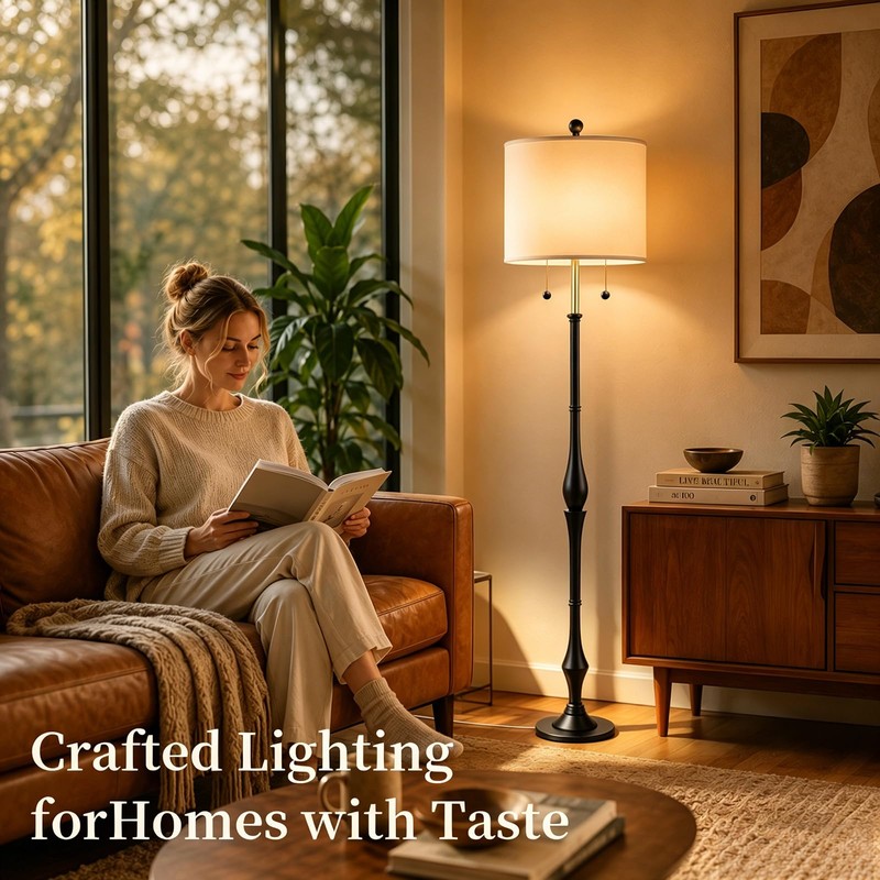 Fismool Farmhouse Floor Lamp, Solid Wood Standing Lamp, Linen Shade,