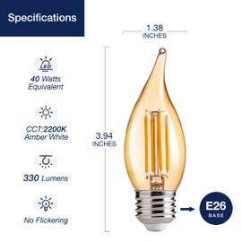 FLSNT CA11 E26 LED Candelabra Bulbs, Dimmable LED Chandelier Light Bulbs, 40W Equivalent, 2200K Warm White Light, 330LM, Amber Glass Finishing, 12 Pack