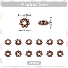 PH PandaHall - 300 abalorio espaciadoras de flores, abalorio sueltas florales, abalorio de aleación de estilo tibetano, abalorio de metal de 6 mm, abalorio de cobre rojo para aretes, pulseras,