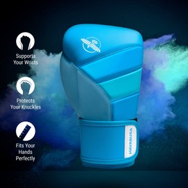 Hayabusa T3 Boxing Gloves for Men and Women Wrist and Knuckle Protection, Dual-X Hook and Loop Closure, Splinted Wrist Support, 5 Layer Foam Knuckle Padding - Neon Blue, 18oz