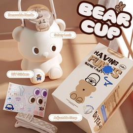 CLWVPCOT Bear Water Bottle for Girls, 16oz Cute Kawaii Teddy Bear Leak-Proof Stainless Steel Bottle with Straw & Strap, BPA-Free, Durable & Safe Drinking Cup, Gift for Kids & Girls (Brown)