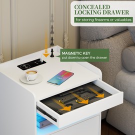 dnbss Nightstand with Lockable Gun Drawer, Night Stand with Charging Station, USB & Type-C Port, Modern Bedside Table with Light, 3 Color Dimmable Lighting for Bedroom (White)