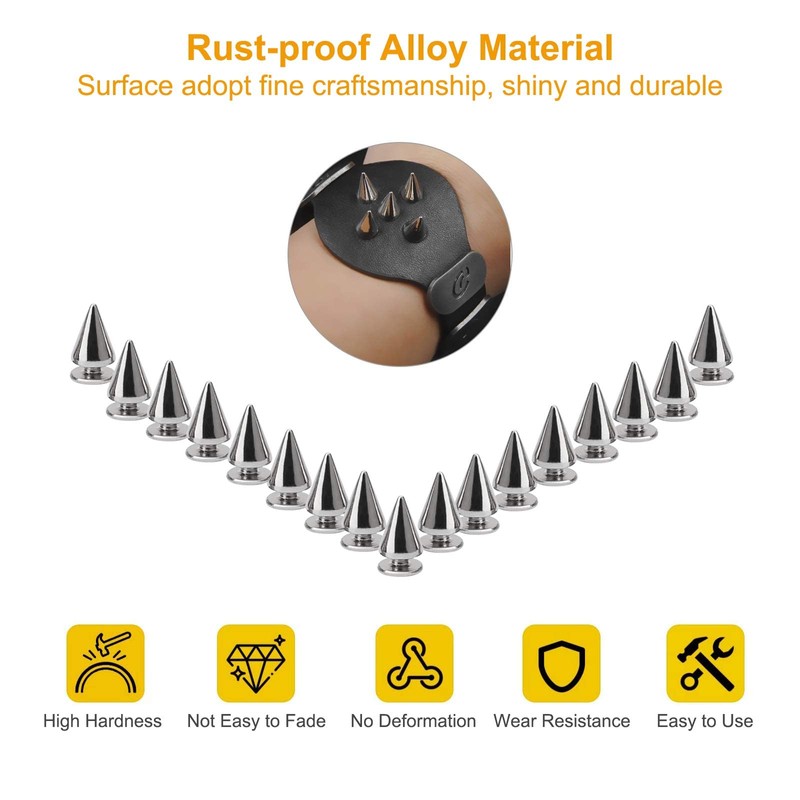 Juibao 100x Cone Spikes Studs with Screwbacks Punk Rivets, Double