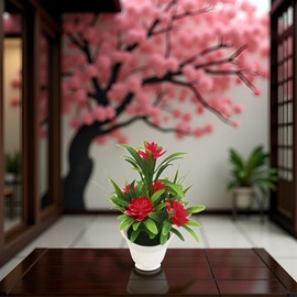 ZGLUZP Red Artificial Fake Lotus Flower Potted Plant Bonsai Faux Plants Flowers Wedding Home Party Garden Office Decor