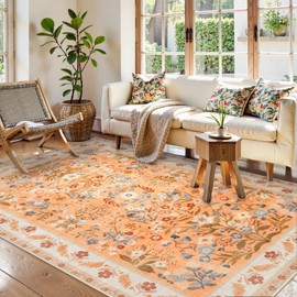 LEEVAN Floral 5x7 Area Rugs for Bedroom, Washable Boho Living Room Rug, Fall Decor Vintage Dining Room Mat, Non Slip Nursery Bedside Rug, Thin Low Pile Carpet for Office(Orange)