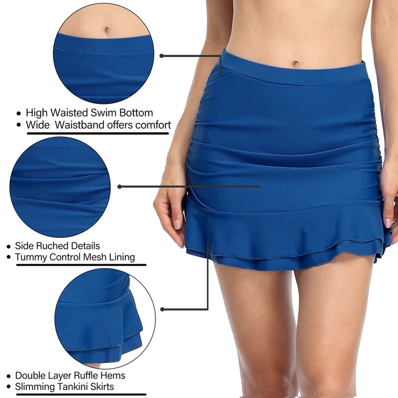 Hilor Women's Skirted Bikini Bottom High Waisted Shirred Swim Bottom