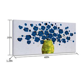SYGALLERIER Blue Flower Canvas Wall Art in Vase with 3D Hand Painted Textured Modern Aesthetic Botanical Pictures Contemporary Oil Paintings for Living Room Bedroom Dinning Decor