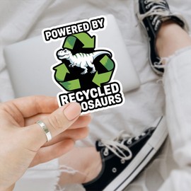 (3 Pcs) Powered by Recycled Dinosaur Fuel Sticker – Funny Fossil Fuel T-Rex Quote Vinyl Decal Waterproof for Laptop, Tumbler, Car, Toolbox – 3 Inch