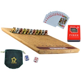 STARPPLE Metal Horse Race Board Game Set with Horse Racing Thick & Solid Wood Game Board(16"/Dark),11 Luxurious with 4 Antique(Gold,Silver,Red Cooper&Bronze) Metal Craft Horses, Dice&Cards (HR-M654)